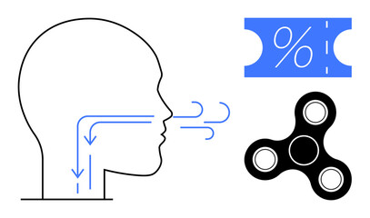 Human head profile illustrating airflow, fidget spinner, and discount ticket. Ideal for respiratory education, relaxation, stress management, mental health awareness, promotional materials