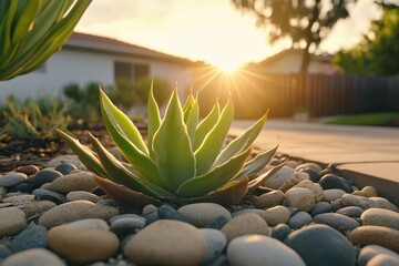Fototapeta premium Sunlit Succulent Plant Surrounded by Smooth Stones in Tranquil Residential Landscape at Sunset
