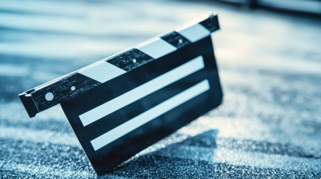 A film clapperboard rests on a textured surface, symbolizing the start of a movie scene, with a soft, blurred background enhancing its focus.