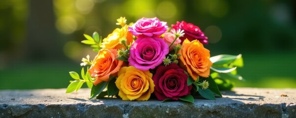 Vibrant bouquet rests on weathered headstone, sunlit , sympathy, tenderness, end