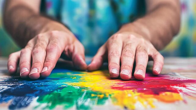 Hands Resting on Colorful Abstract Painting Surface, Conveying Strength and Creativity Despite Muscular Dystrophy, Emphasizing the Vibrancy and Passion Behind Artistic Expression in Adversity