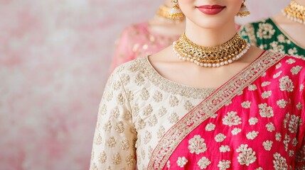 A woman in traditional attire showcases a vibrant pink saree with intricate patterns, complemented by elegant jewelry and a soft, pastel background.