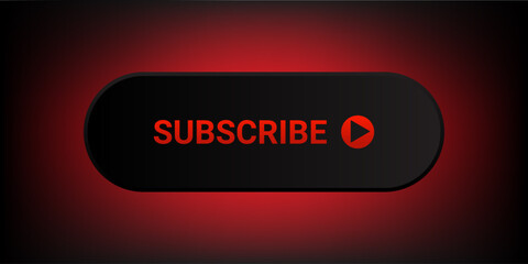 subscribe button, Black badge and red gradient text glow color icon, Typography with Play icon. for website or application to Member register, vector isolated on dark background