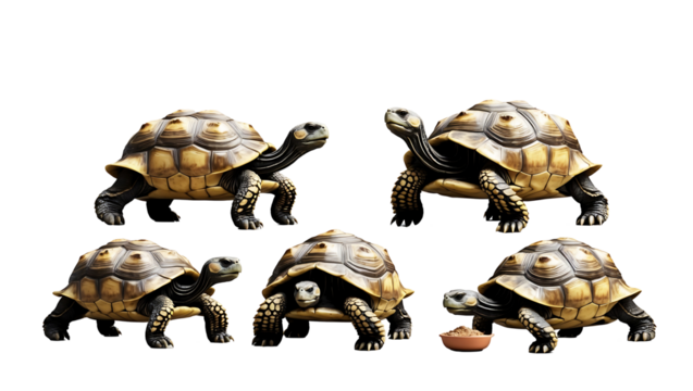 A set of tortoises in different poses isolated on a transparent background, realistic reptile collection for wildlife-themed designs