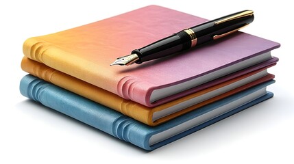 Colorful Notebooks Stack with Glowing Fountain Pen on White Background