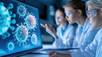 Scientists Analyzing Virus Data on Computer Screen in Laboratory Setting