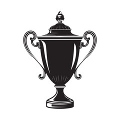 Fototapeta premium Trophy cup icon with engraved ornate handles and crown lid, centered on white background for sports awards, competition branding, and event graphics