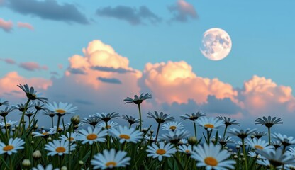 Bright daisies bloom in a vibrant field under a full moon and colorful clouds at sunset
