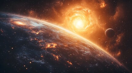 Captivating Supernova Illuminating Swirling Stars and Glowing Planets in Cosmic Galaxy Backdrop