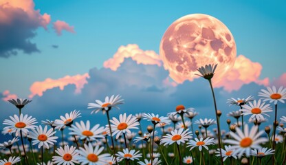 Bright daisies bloom in a vibrant field under a full moon and colorful clouds at sunset