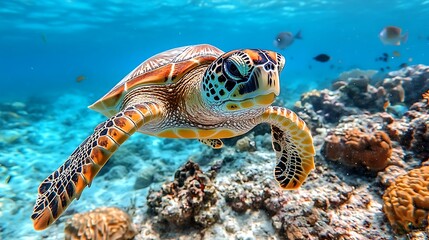 Fototapeta premium A vibrant sea turtle gracefully swimming over a colorful coral reef, showcasing marine life in clear waters