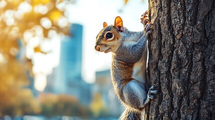 Obraz premium A cute squirrel clings to a tree trunk in a park, with a cityscape blurred in the background.