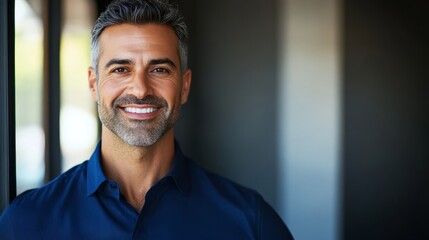 Naklejka premium The portrait vividly captures the temperament and style of a modern businessman. His dark blue shirt is not only a symbol of professional status, but also conveys a sense of reserved strength and reli