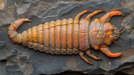 Detailed view of an ancient fossilized crustacean resting on rocky surface, showcasing its intricate features