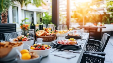 A beautifully arranged outdoor dining table with gourmet food and drinks during sunset