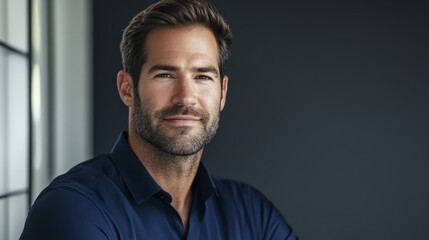 The portrait vividly captures the temperament and style of a modern businessman. His dark blue shirt is not only a symbol of professional status, but also conveys a sense of reserved strength and reli