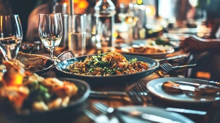 A beautifully arranged dinner table with various dishes and drinks, capturing a warm ambiance
