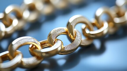Gold chain closeup on blue background