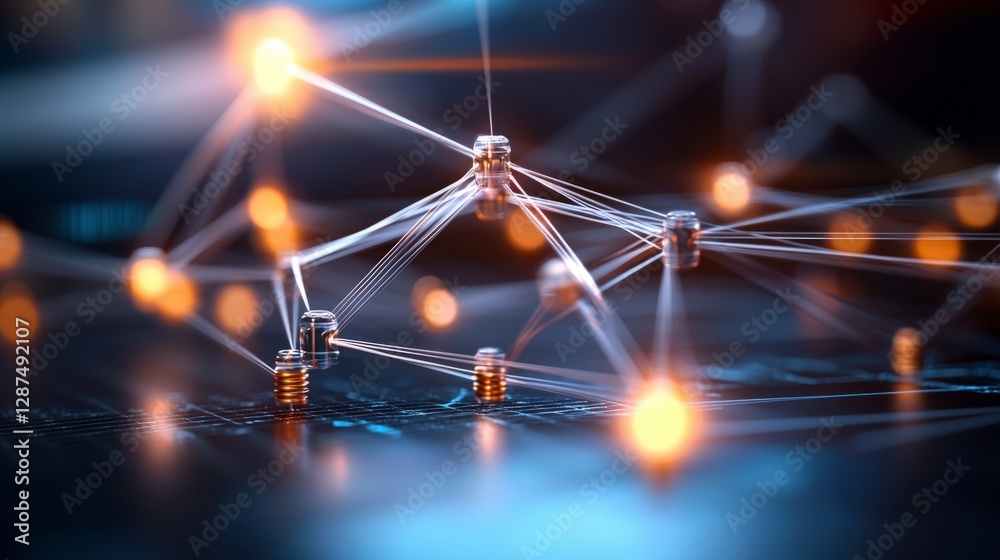 Poster abstract representation of interconnected nodes with glowing lights in a digital network for technol
