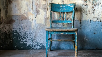 A single vintage wooden chair with peeling blue paint, isolated in a rustic setting, perfect for artistic compositions.