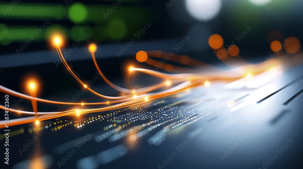 Poster abstract visualization of glowing lines with data elements flowing over a dark background in a digit