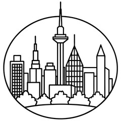Single Line Metropolitan Skyline Drawing with Architectural Details