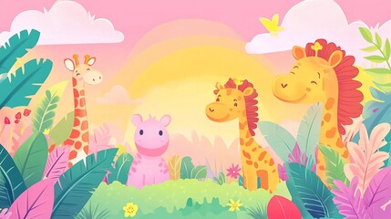 Happy giraffes and hippo enjoying sunset in lush tropical garden.