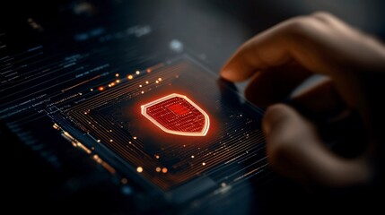 Hand Interacting with Digital Cybersecurity Interface Featuring Shield Symbol and Data Flow in Dark Environment
