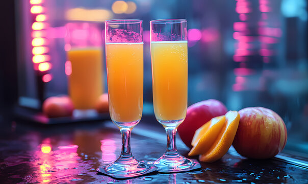 Elegant cocktails with vibrant colors showcased in a lively bar setting during an upbeat evening atmosphere. Generative AI