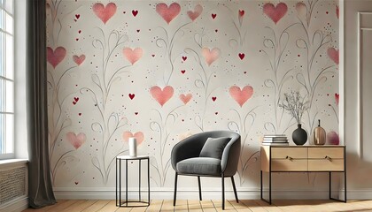 A chic, modern love wallpaper with a pattern of red hearts scattered over a plain background. The simple yet striking design combines elegance with a contemporary twist, making it perfect for a stylis