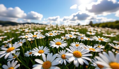 Fototapeta premium Bright daisies bloom in a vibrant field under a full moon and colorful clouds at sunset