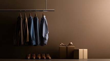 Stylish clothing display with shoes and gift boxes against a warm, neutral background