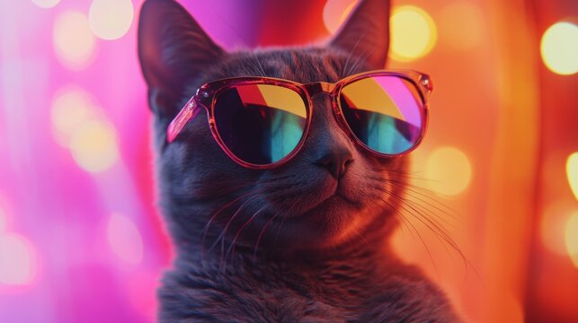 Cat wearing colorful sunglasses against vibrant bokeh lights, exuding a relaxed and cool vibe. Stylish pet fashion and personality concept
