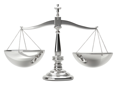 PNG 3d render of a legal justice balance scale in surreal abstract style metal transportation technology.