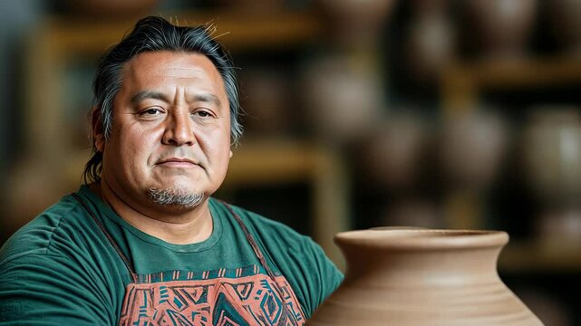 Cherokee Artist Creating Traditional Pottery in Studio with Intricate Patterns and Cultural Significance