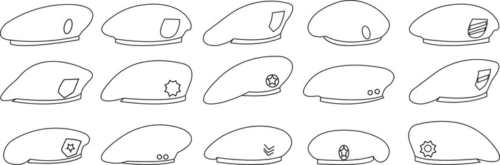 Military beret icon set, berets of army special forces designs emblem in simple styles represents military service, patriotism, and soldier's dedication to duty, isolated on transparent background,