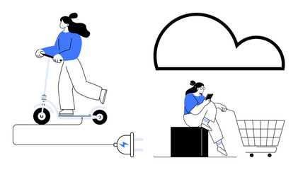 Woman rides an electric scooter connected to a power plug. Above, a cloud icon. Next to it, a woman sits on a box using a mobile phone with a shopping cart beside her. Ideal for technology, mobility