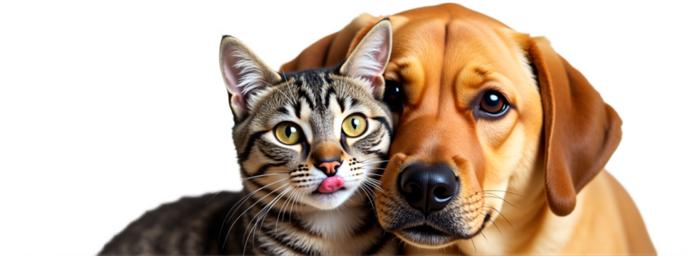 Cuddling grey tabby cat & brown dog, affectionate friendship, whimsical pets, isolated on transparent background for easy design integration.