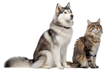 Loyal Companions: A dignified husky and a fluffy cat, united in a moment of calm composure, exhibit their distinctive characteristics while sitting side by side.