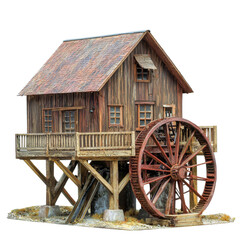 Fototapeta premium Rustic Wooden Water Mill with Large Wheel in Scenic Setting