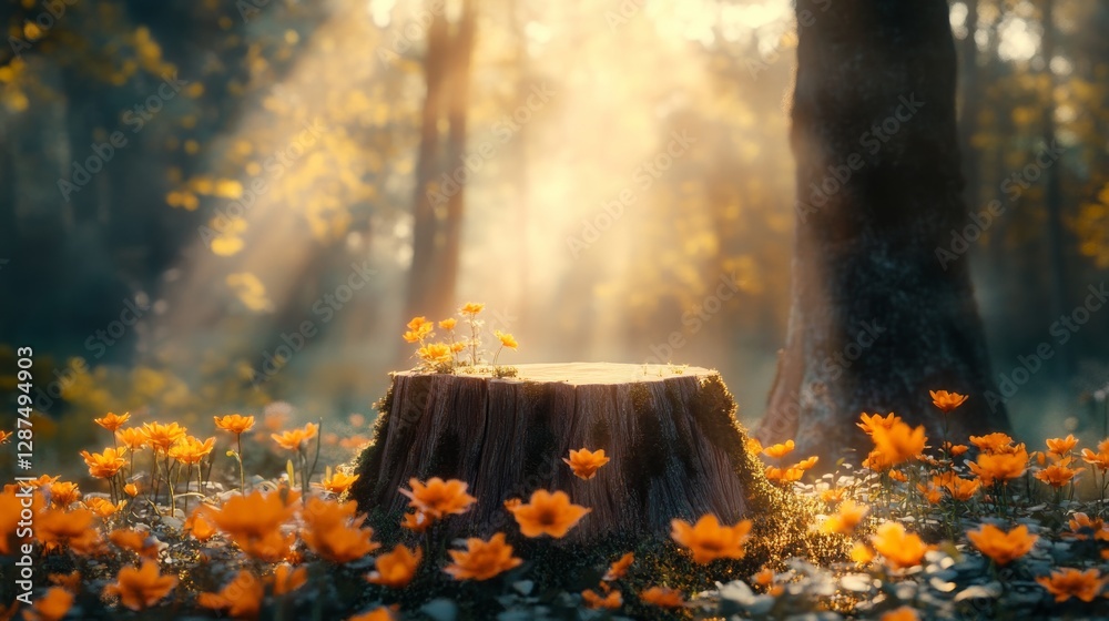 Poster sunlit tree stump surrounded by orange flowers in a forest with glowing rays of sunlight. nature bea