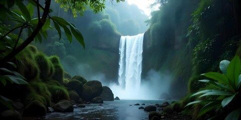 Waterfall in a Tropical Lush green foliage and Jungle waterfall cascading into a crystal-clear pool surrounded by lush green jungle foliage, Waterfall green jungle foliage Landscape.