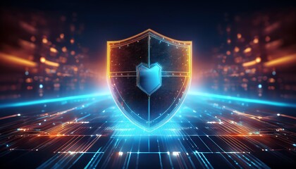 A vibrant digital shield representing cybersecurity, illuminated by glowing lines and circuits, symbolizes protection in the online realm.