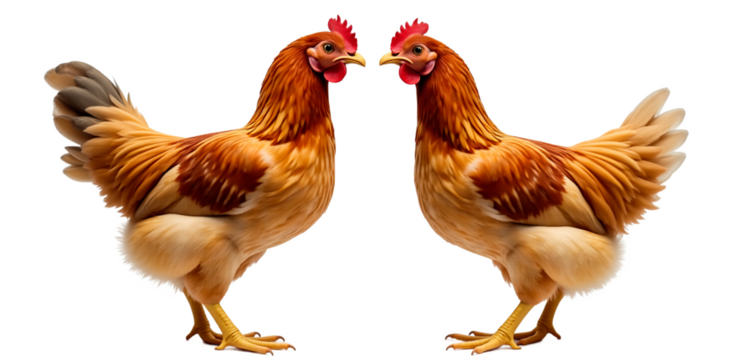 Two brown hens isolated on transparent background. Photorealistic studio shot perfect for farm, food, or Easter designs. High-quality cutout for versatile use.
