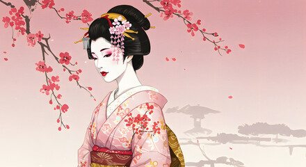 A serene illustration of a geisha in traditional attire, surrounded by cherry blossoms. The background features soft pink hues and a hint of a pagoda, creating a tranquil atmosphere.