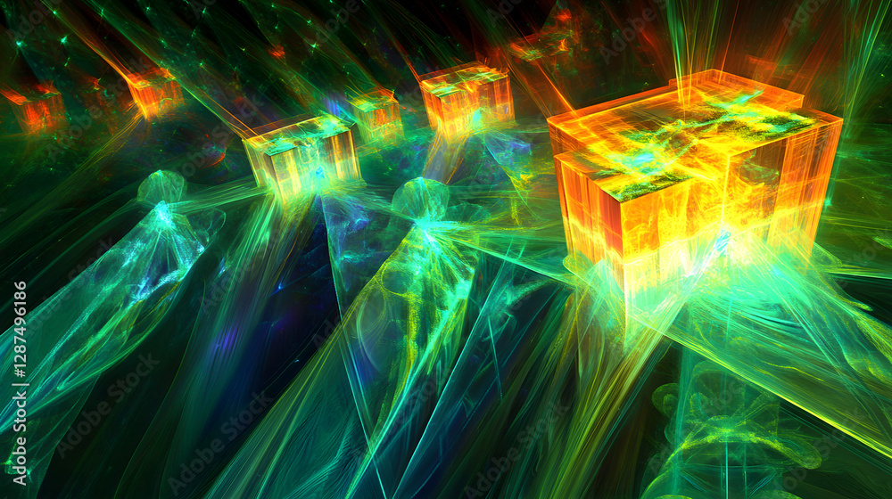 Poster colorful abstract background featuring a three-dimensional cube in vibrant hues and patterns