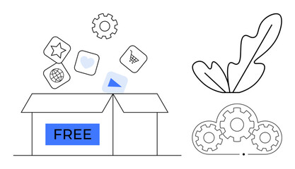 Box labeled FREE with digital tool icons emerging showcasing apps, settings gear, leaf symbol, and cogs. Ideal for innovation, digital creativity, productivity, technology, resource availability