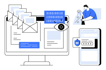 Digital screen displaying emails and binary code, eye symbolizing security, password prompt with a lock, person holding a shopping bag. Ideal for cybersecurity, digital privacy, email safety, online