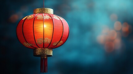 Chinese lantern with traditional gold detailing and red paper suspended for Chinese New Year symbolizing good fortune and festive cheer