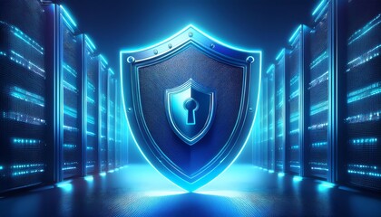 A glowing shield symbolizing cybersecurity stands between rows of data servers, representing protection and digital security in a high-tech environment.